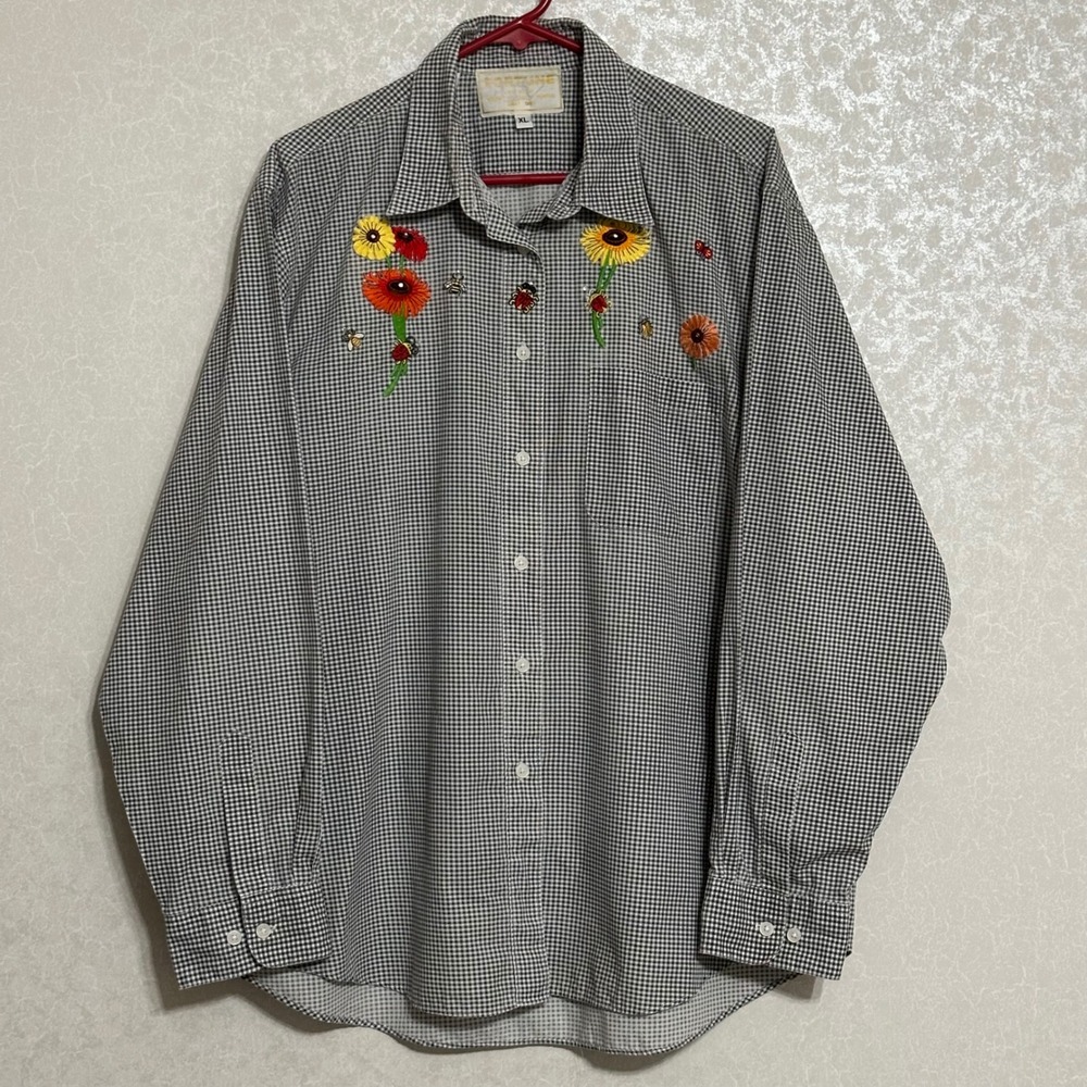Fortune Embroidered Floral Gingham Check Button Up Shirt Black White Vintage XL